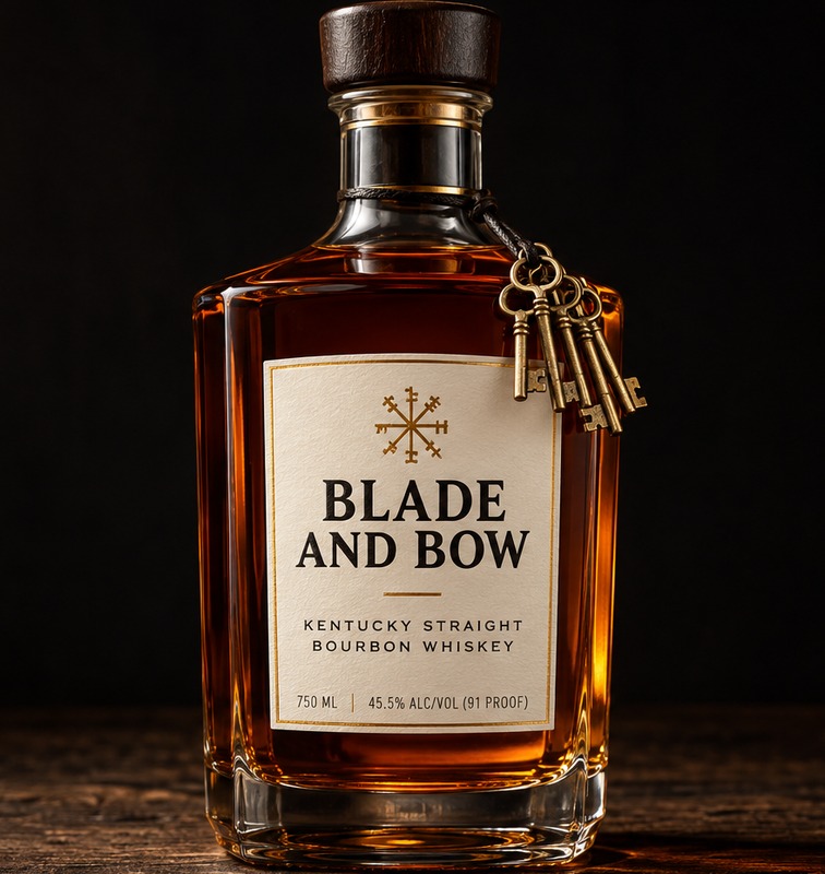 A bottle of Blade and Bow Kentucky Straight Bourbon with its five signature keys hanging from the neck