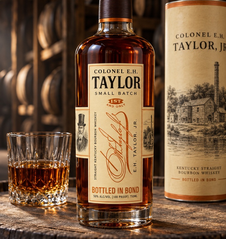 Colonel E.H. Taylor Small Batch bourbon bottle in a rickhouse