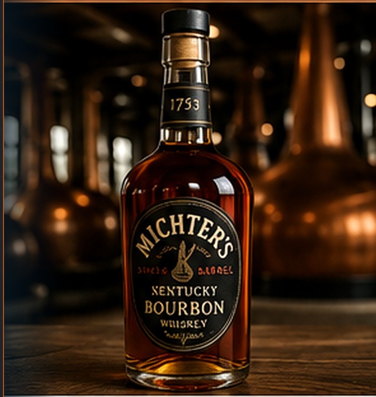 Michter's US*1 Bourbon bottle in front of copper pot stills