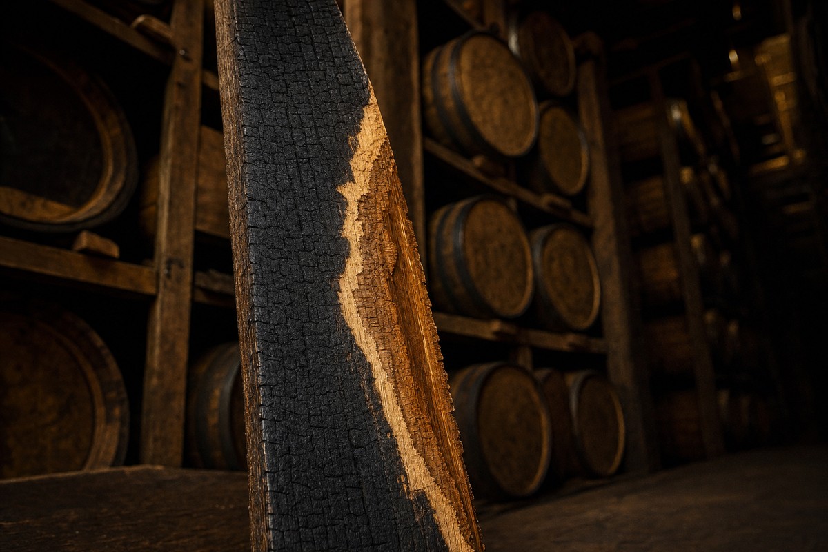 Cutaway view of a charred oak barrel stave interior with rickhouse barrels behind it