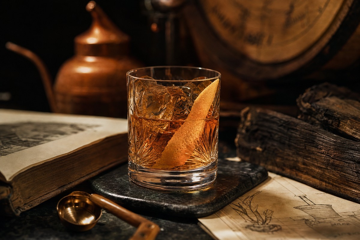 An editorial bourbon cocktail photograph with fresh ice and warm bar lighting