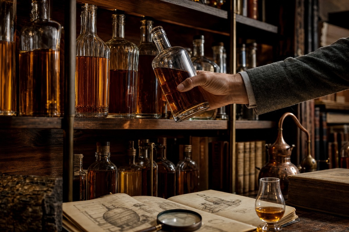 A curated shelf of bourbon bottles being evaluated and selected