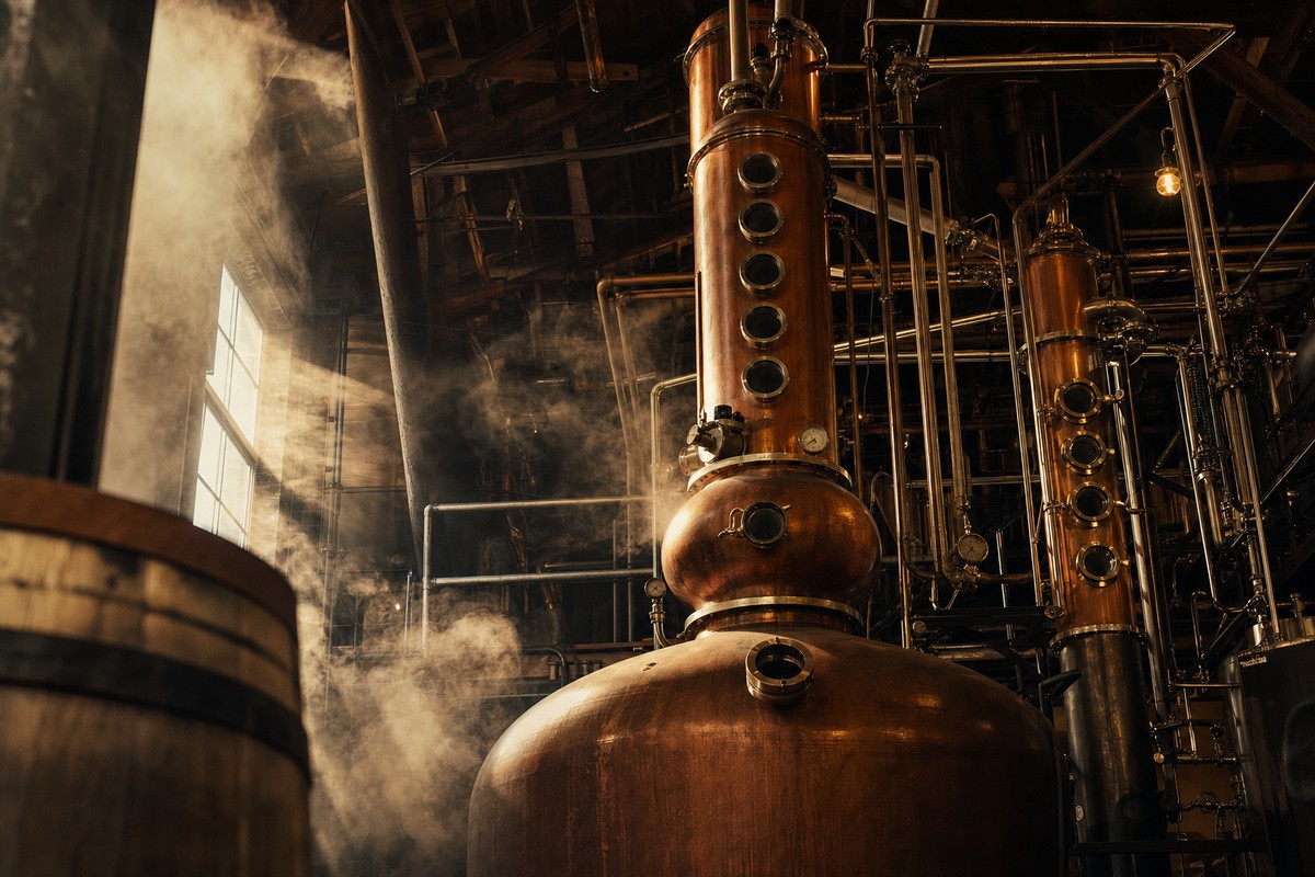 Copper column still and doubler in an industrial distillery