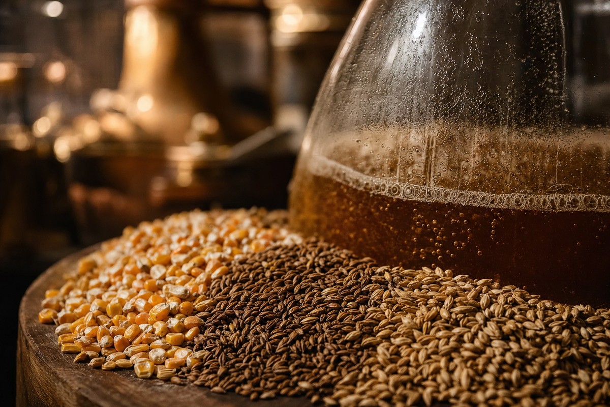 Macro photograph of corn, rye and malted barley grains beside a fermentation vessel