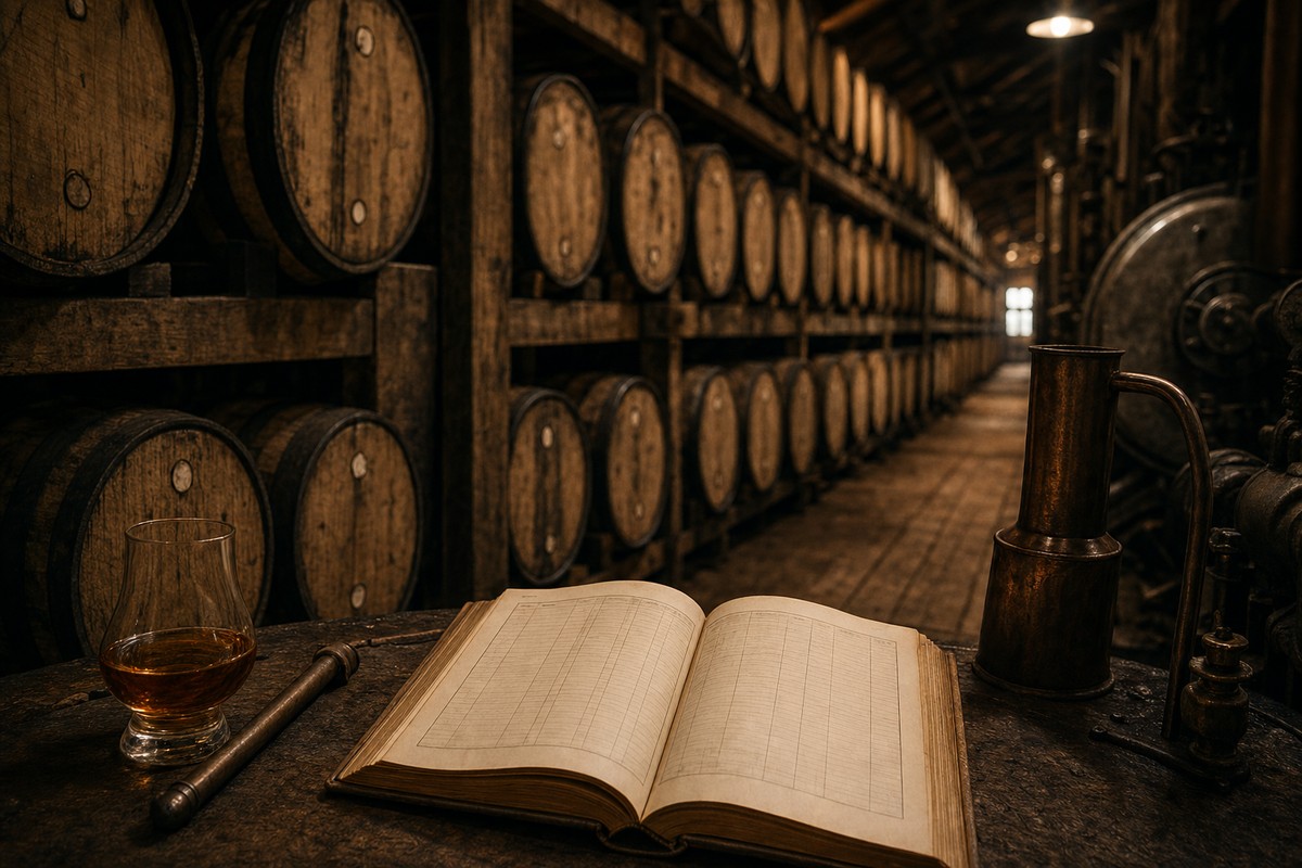Rows of numbered barrels in a distillery warehouse with production ledgers
