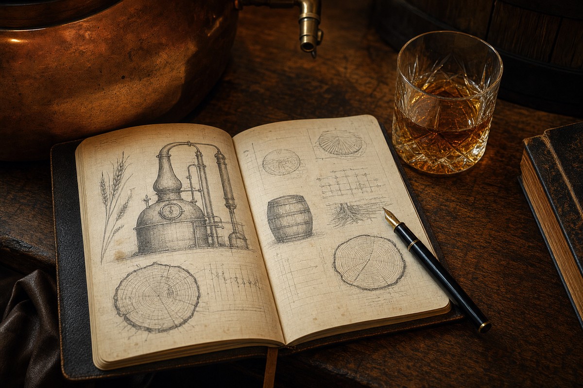 An open bourbon reference notebook beside a glass of bourbon, warm desk light