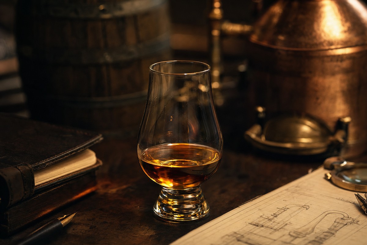 A Glencairn glass of bourbon being studied under warm light on a wooden bar