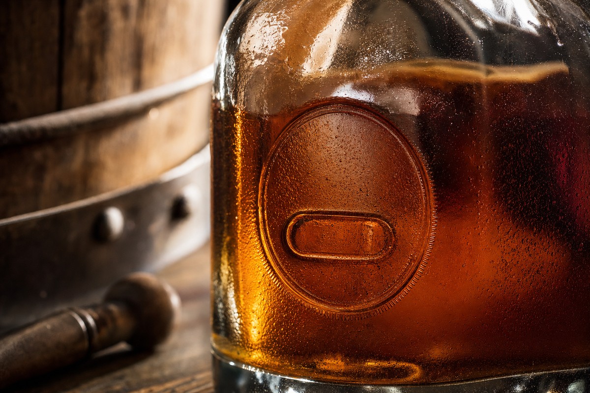 Close-up of a bourbon bottle’s proof and age markings under warm light