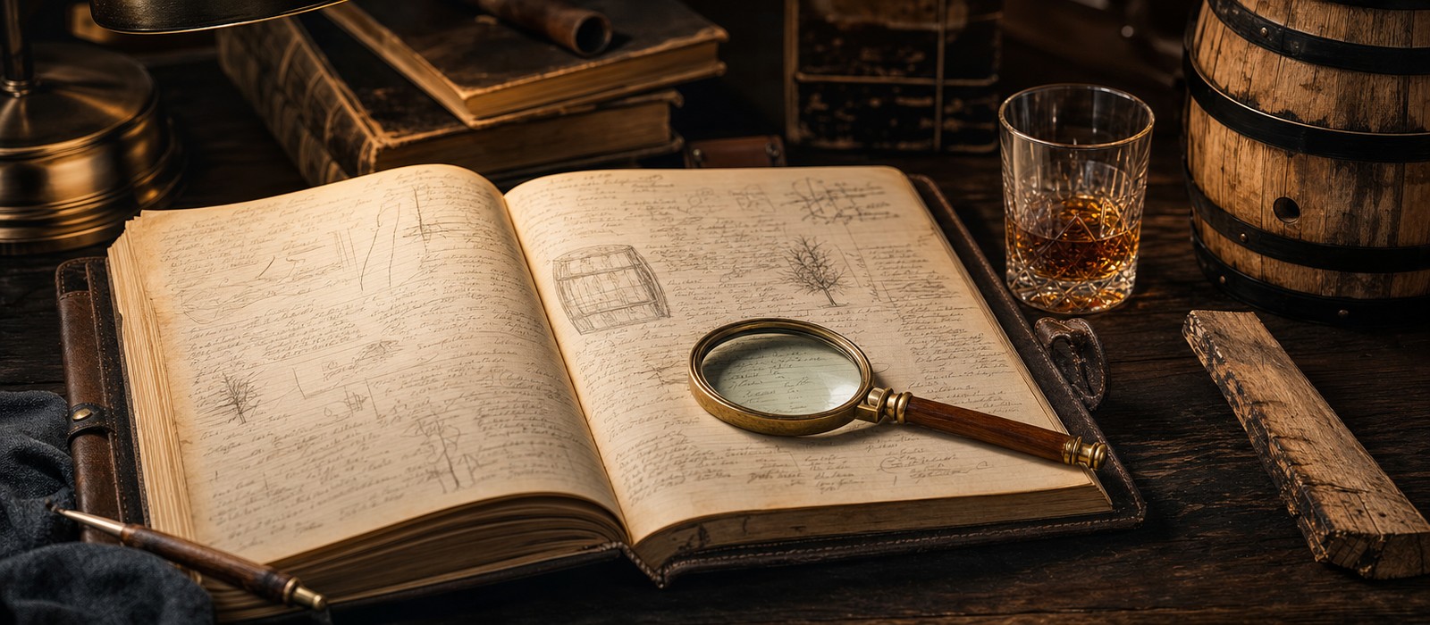 An open reference dictionary with a magnifying glass on a bourbon-barrel-topped desk, warm archival lighting