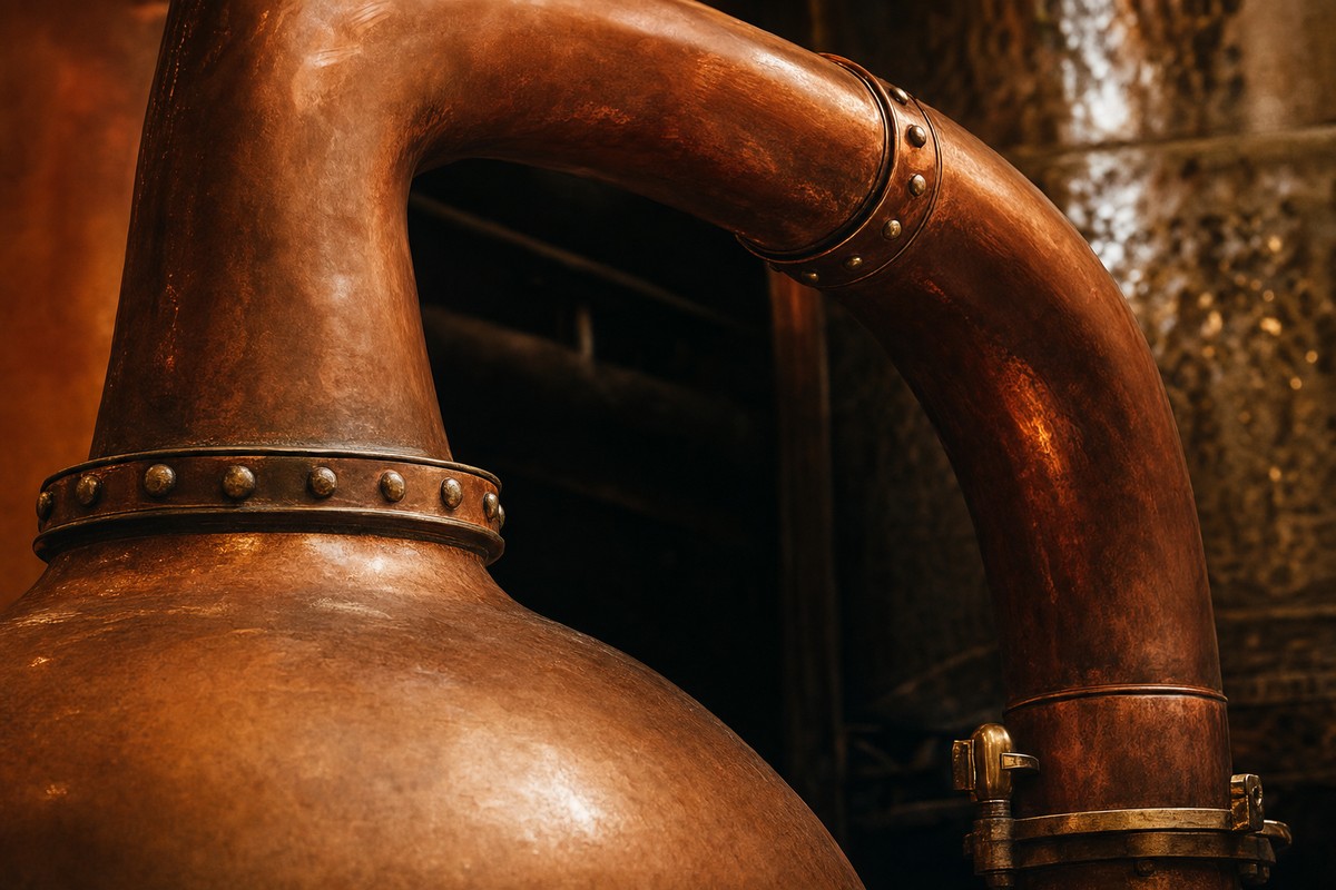 Close detail of a copper pot still's swan neck and rivets, warm reflective light