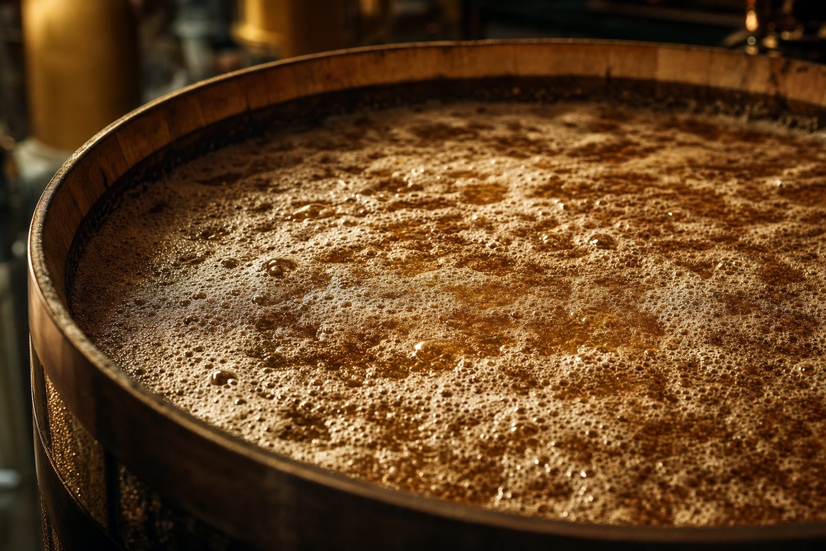 Close-up of active fermentation with visible foam and bubbles on the mash surface