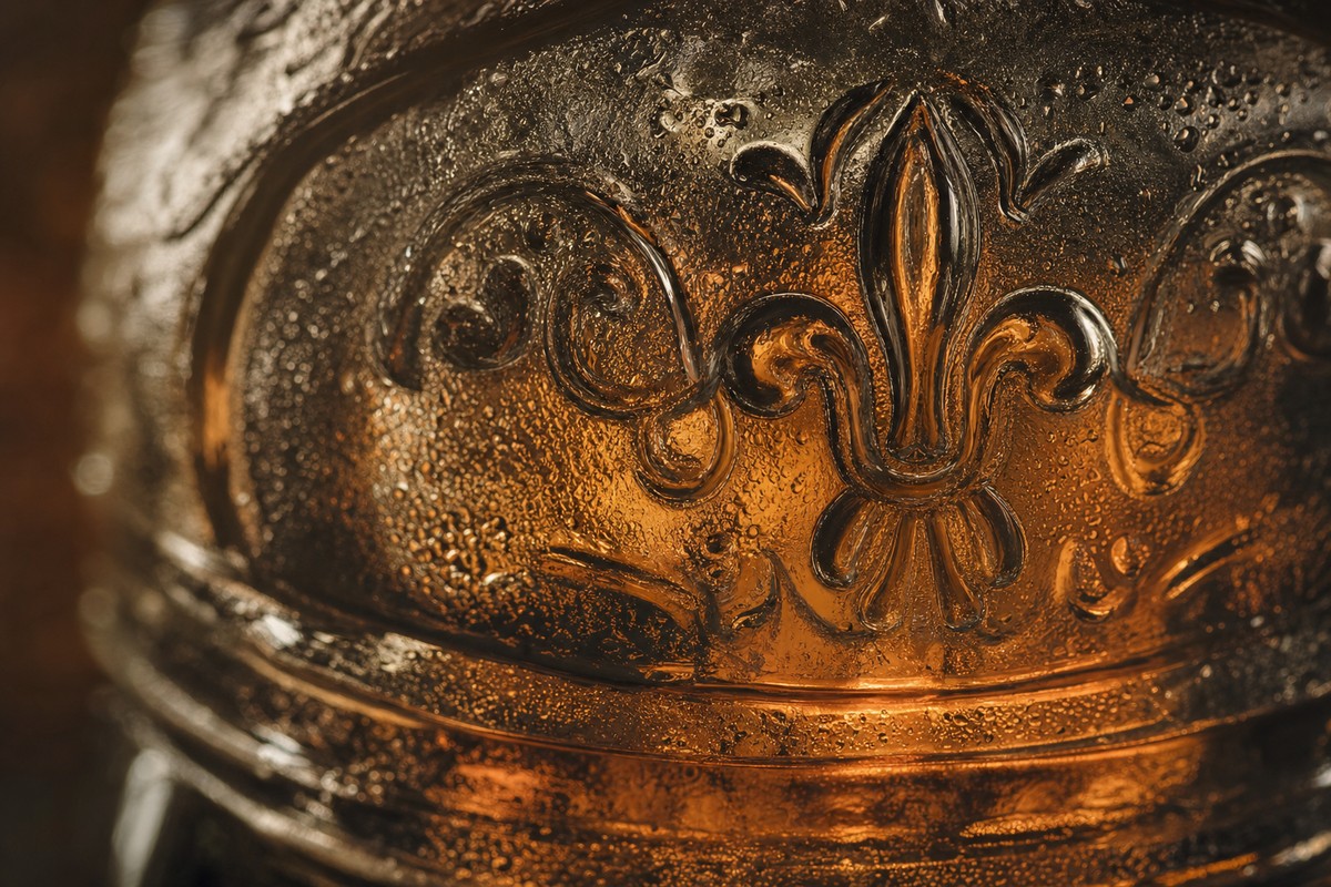 Macro detail of an embossed decorative pattern in bourbon bottle glass with warm amber backlight
