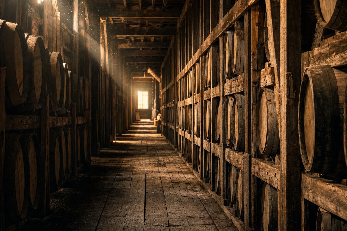 A wide view down a traditional wood-frame rickhouse aisle with stacked barrels in warm light