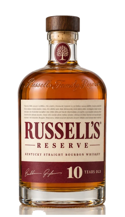 Editorial illustration of the Russell’s Reserve 10 Year bottle: cream label, deep burgundy band carrying the numeral 10