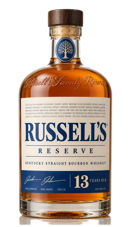 Editorial illustration of the Russell’s Reserve 13 Year bottle: cream label, royal blue band carrying the numeral 13