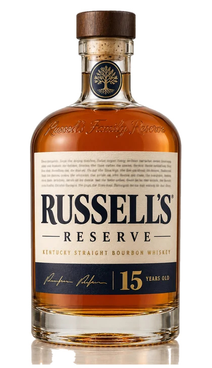 Editorial illustration of the Russell’s Reserve 15 Year bottle: cream label, dark navy band with the numeral 15 in gold