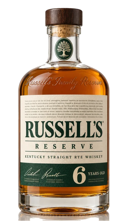 Editorial illustration of the Russell’s Reserve 6 Year Rye bottle: cream label, deep green band carrying the numeral 6