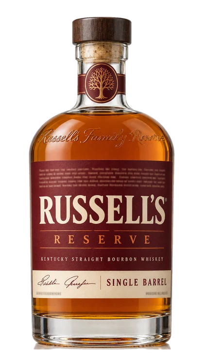 Editorial illustration of the Russell’s Reserve Single Barrel bottle: a burgundy label with a pale band reading Single Barrel
