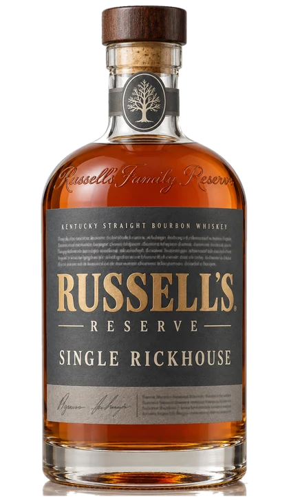 Editorial illustration of the Russell’s Reserve Single Rickhouse bottle: a slate grey label with the words Single Rickhouse