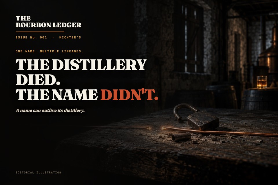 Issue No. 001 archive card: an editorial illustration of a dark abandoned stone distillery, a severed glowing copper line on a worn timber table with an open iron padlock beside it, and the headline The Distillery Died, The Name Didn't set over the dark left of the frame