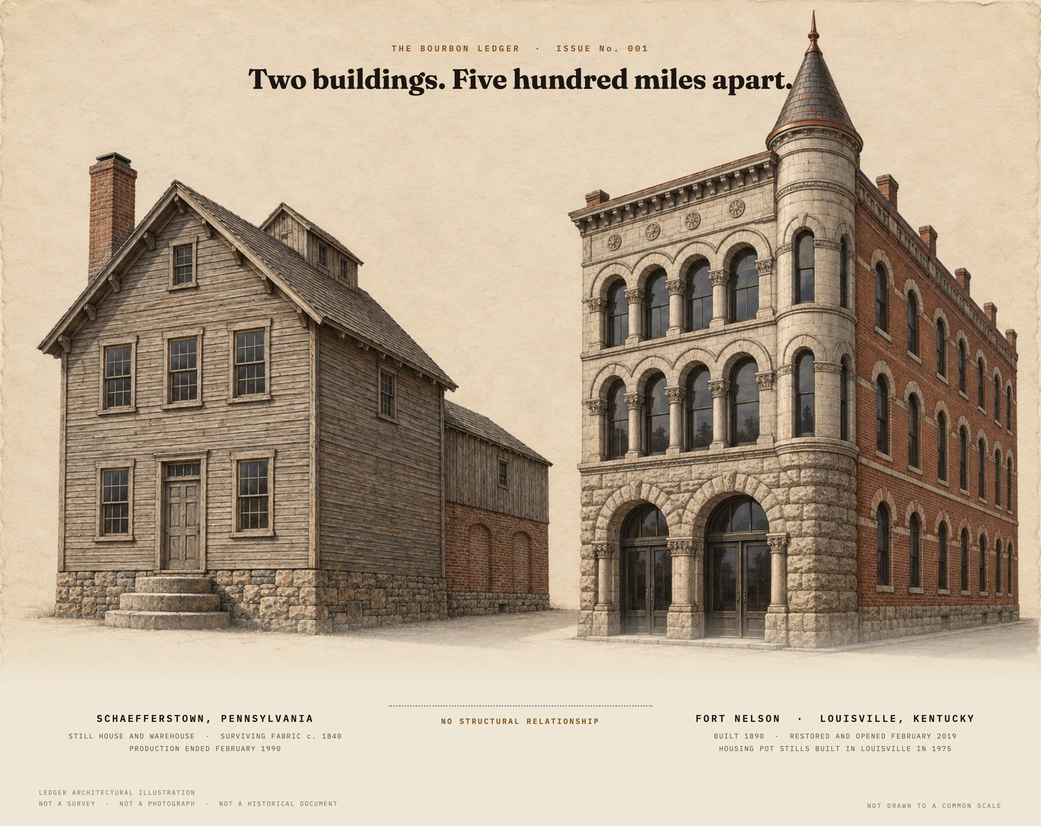 A Ledger architectural illustration on cream drafting paper: at left, a two-and-a-half storey clapboard still house on a rough stone foundation with a steep shingled gable roof, brick chimney, six-over-six sash windows, a six-panel door reached by millstone steps, and an attached lower warehouse of brick below and weathered oak planking above; at right, a four-storey Richardsonian Romanesque corner building with a pale stone front, a red brick side elevation, two tiers of round-arched arcades on carved colonnettes, a frieze of circular medallions, and a cylindrical corner turret under a conical slate spire. A dotted rule between them is captioned no structural relationship