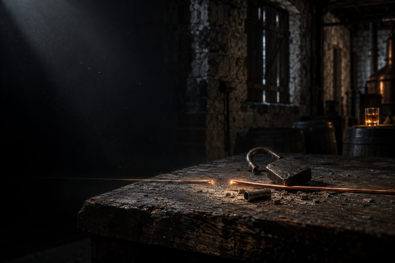A dim distillery interior at night: an open padlock and a thin copper line lying across a worn timber workbench, barrels and a still behind