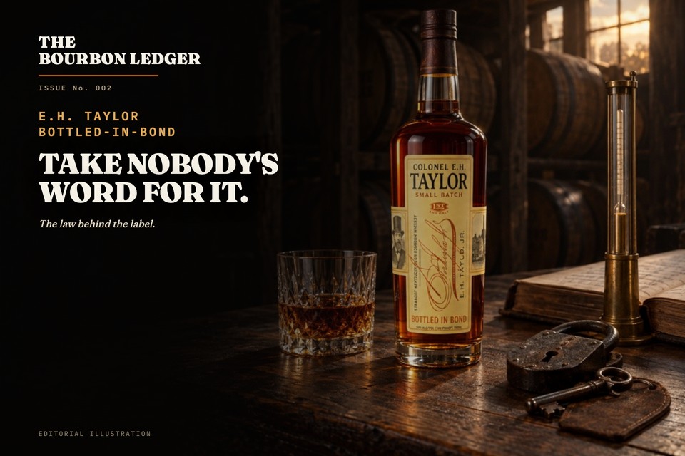 Issue No. 002 archive card: a dark bonded-warehouse still life with a bottle of Colonel E.H. Taylor Small Batch, its presentation tube, a glass of bourbon, ledger sheets, an iron padlock and a brass hydrometer, with the words E.H. Taylor, Bottled-in-Bond and the headline Take Nobody's Word For It