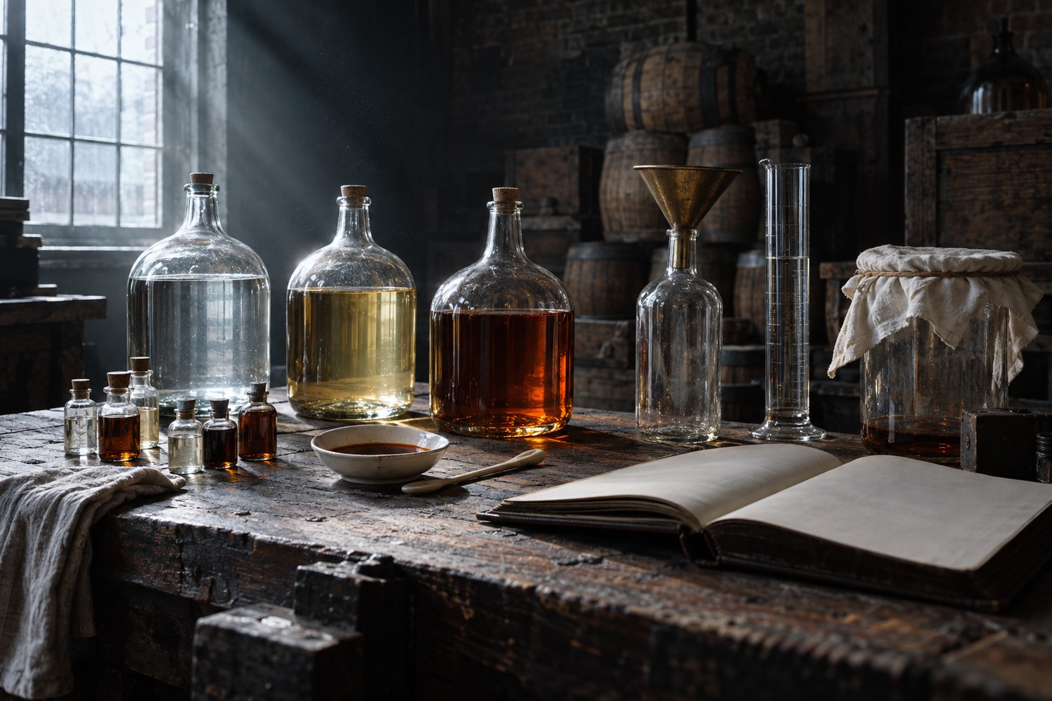 A reconstructed nineteenth-century rectifier's workbench photographed in hard daylight: three large corked glass demijohns side by side holding, left to right, perfectly clear spirit, pale straw liquid and deep reddish-amber liquid; small unlabelled apothecary vials, a shallow dish of dark caramel syrup with a bone spoon, a brass funnel in an empty bottle, a tall glass graduate, a cloth-covered jar and an open ledger with blank pages, against stacked oak barrels in a dim brick storeroom