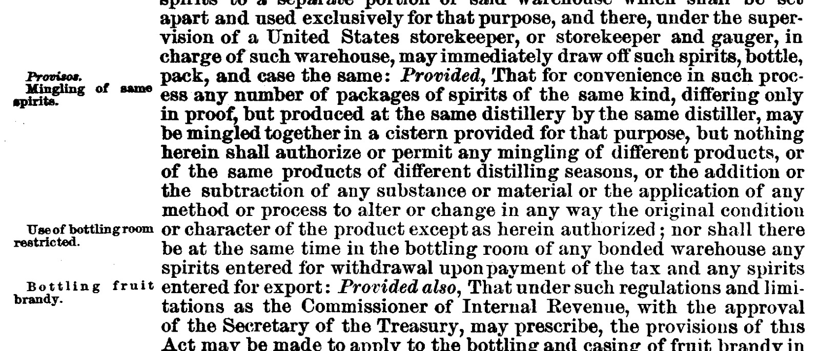 A scan of the statute text containing the proviso about mingling packages of spirits produced at the same distillery by the same distiller