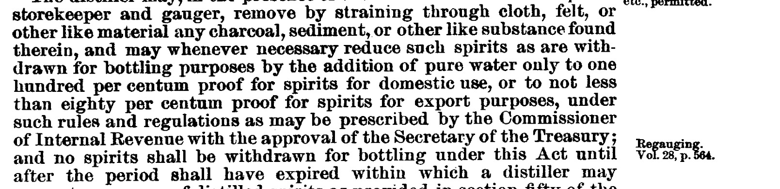 A scan of the statute text requiring reduction by the addition of pure water only to one hundred per centum proof for domestic use or not less than eighty per centum proof for export