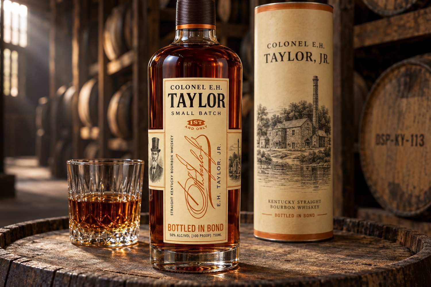 A premium product photograph in a bourbon rickhouse: a bottle of Colonel E.H. Taylor Small Batch standing on a weathered oak barrel head beside its cream presentation tube and a cut-glass tumbler holding a pour of deep amber bourbon, with rows of barrels on timber ricks falling away into warm darkness behind and a shaft of daylight raking across the scene