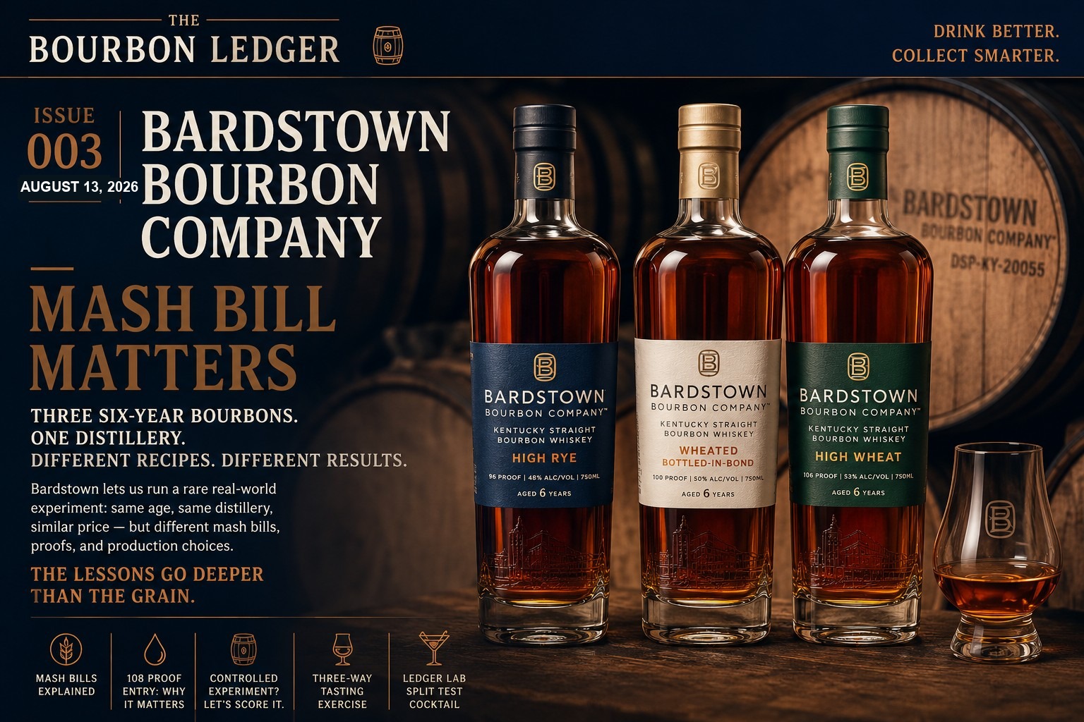 The Bourbon Ledger Issue No. 003 — Mash Bill Matters, with three Bardstown Bourbon Company bottles: High Rye, Wheated Bottled-in-Bond and High Wheat