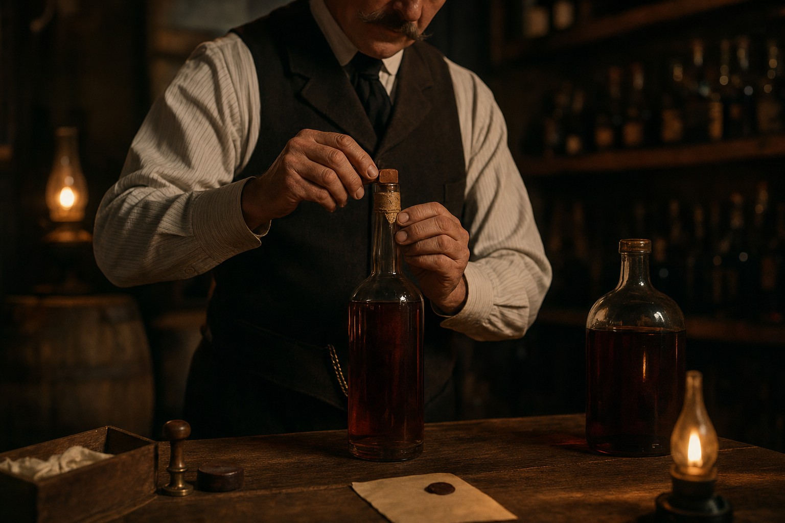 A sealed antique whiskey bottle being corked and wax-sealed by hand on a lamplit wooden counter