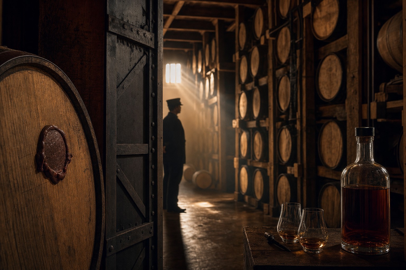 A federally bonded rickhouse interior with rows of aging barrels, a wax-sealed barrel head, and a uniformed figure in the doorway