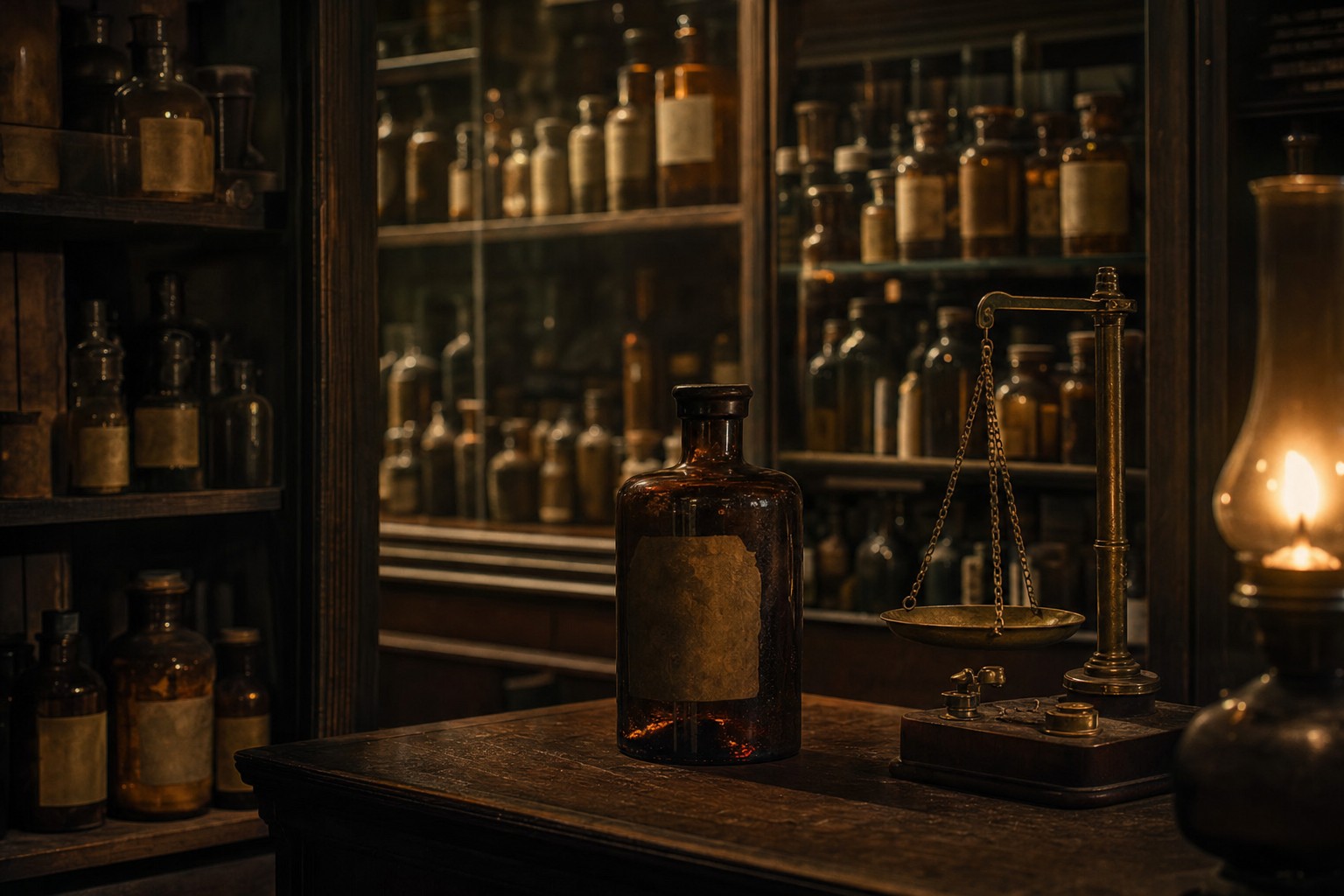 A dim antique pharmacy cabinet lined with amber medicine bottles, a brass scale and a single oil lamp