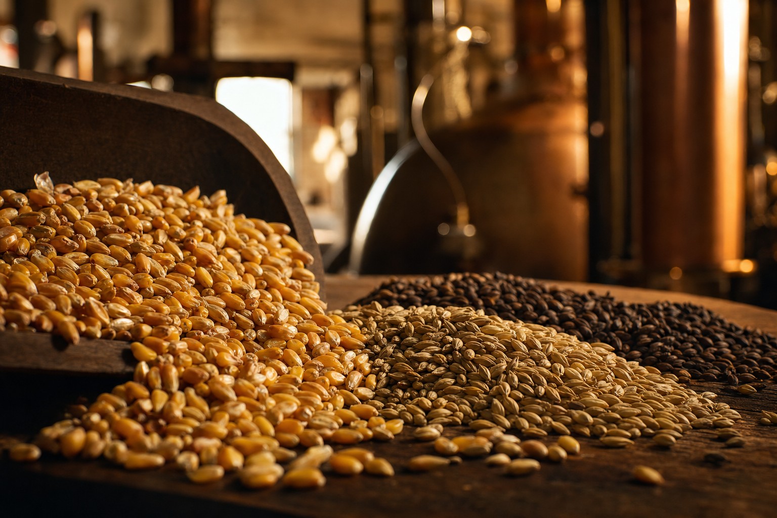 Corn, rye and malted barley grain spilling across a wooden mill table with a copper still in soft focus behind it