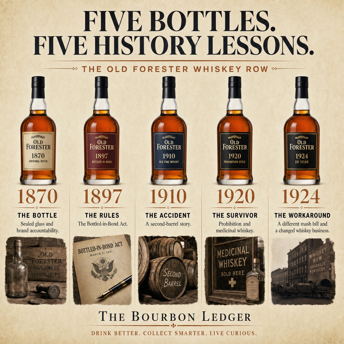 Five bottles, five history lessons: an infographic showing all five Old Forester Whiskey Row expressions — 1870 The Bottle, 1897 The Rules, 1910 The Accident, 1920 The Survivor, 1924 The Workaround