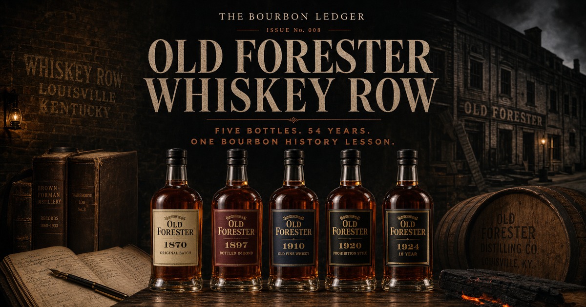 The Bourbon Ledger Issue No. 008 cover: the headline Old Forester Whiskey Row over a dark Whiskey Row scene with all five Old Forester Whiskey Row bottles — 1870, 1897, 1910, 1920 and 1924 — lined up chronologically