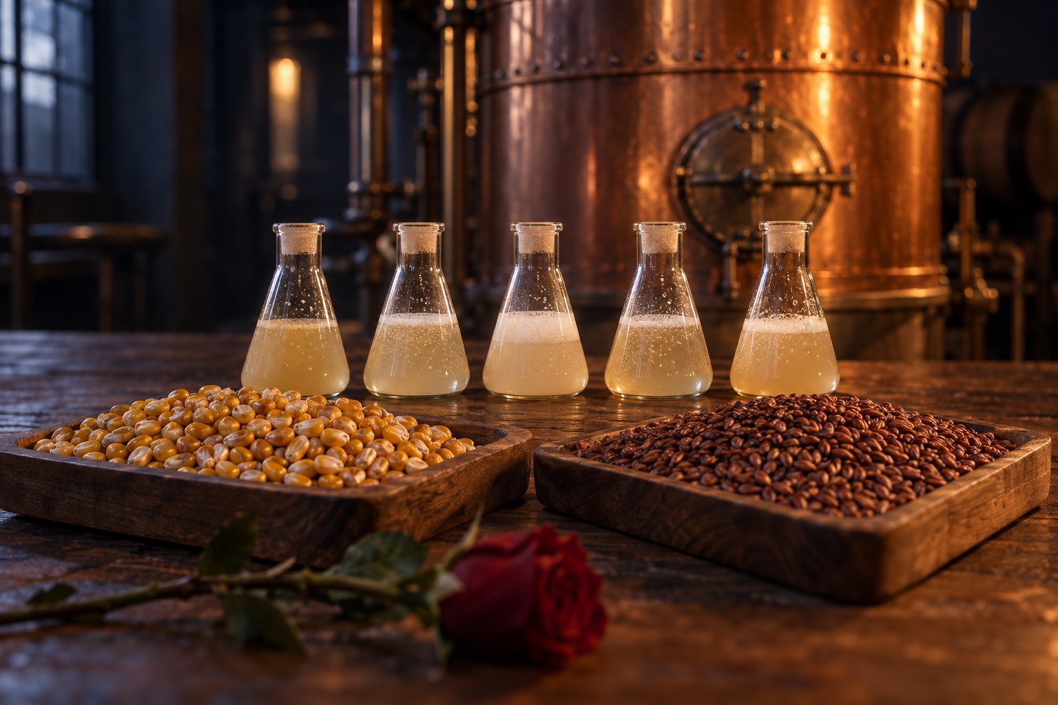 Five small glass fermentation flasks of pale, actively bubbling liquid in a row, beside two wooden trays of grain — one of golden corn, one of dark reddish rye — in front of a tall copper fermentation tank, with a single dark red rose resting in the foreground