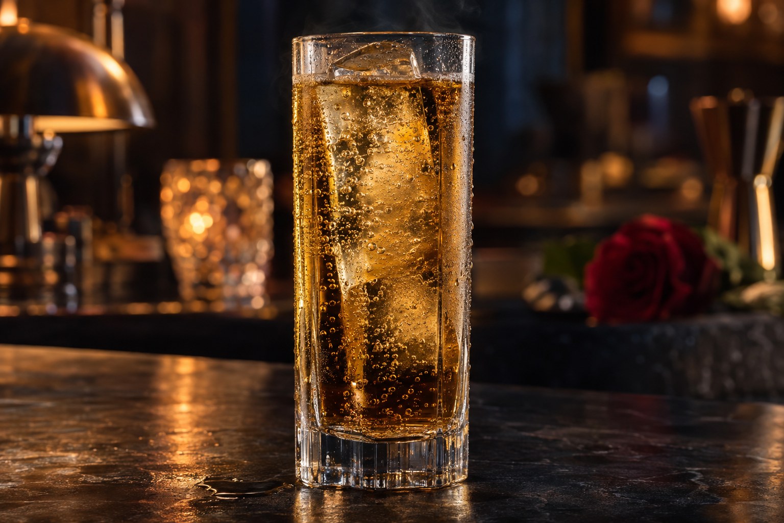 A tall crystal Highball glass of rich amber bourbon and soda with a long clear ice spear and fine visible carbonation, condensation beaded on the glass and a faint cool mist at the rim, no garnish, on a dark editorial bar with a single dark red rose softly out of focus in the background