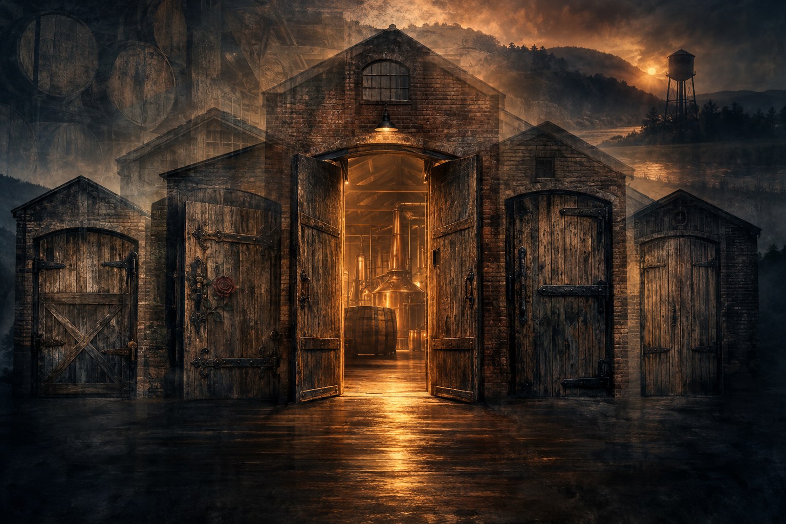 An editorial illustration, clearly stylized rather than documentary, of five different old warehouse doors converging into one central open doorway glowing with warm light and revealing copper stills inside — a visual metaphor for five distilleries becoming one, with a faint rose motif worked into one door's ironwork