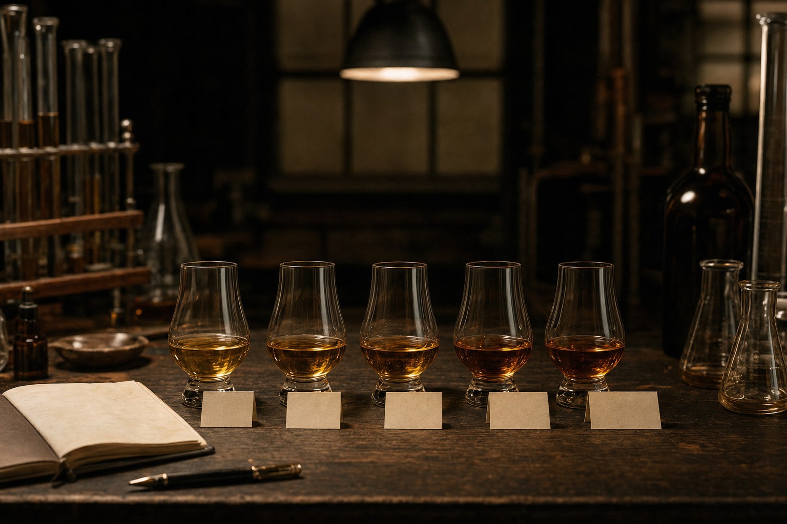 Five Glencairn glasses of whiskey in a row on a dark bench, each with a blank recipe card, beside an open notebook and pen