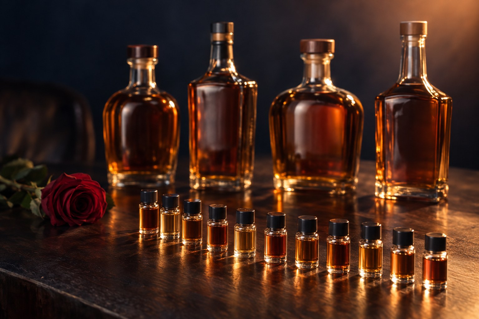 Four unlabeled bourbon bottles of varying silhouettes standing behind ten small glass recipe vials fanned out on a dark table, with a single dark red rose resting beside them