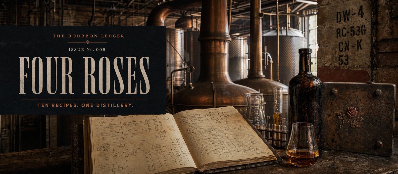 The Bourbon Ledger Issue No. 009 cover: masthead and headline reading Four Roses, Ten Recipes, One Distillery, set over a dim distillery scene with large copper stills, an open handwritten ledger, a rack of glass sample vials, a dark glass bottle, and a stenciled metal panel with a small embossed rose