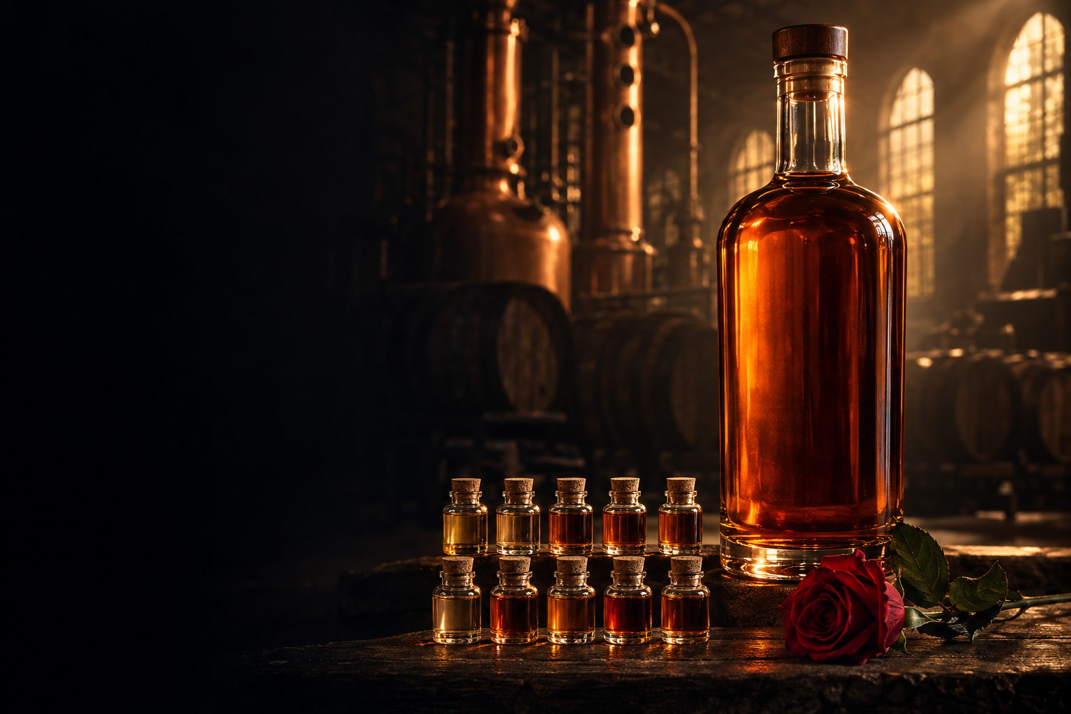 A tall bourbon bottle lit from behind beside ten small sample vials and a single red rose, copper column stills and arched windows behind