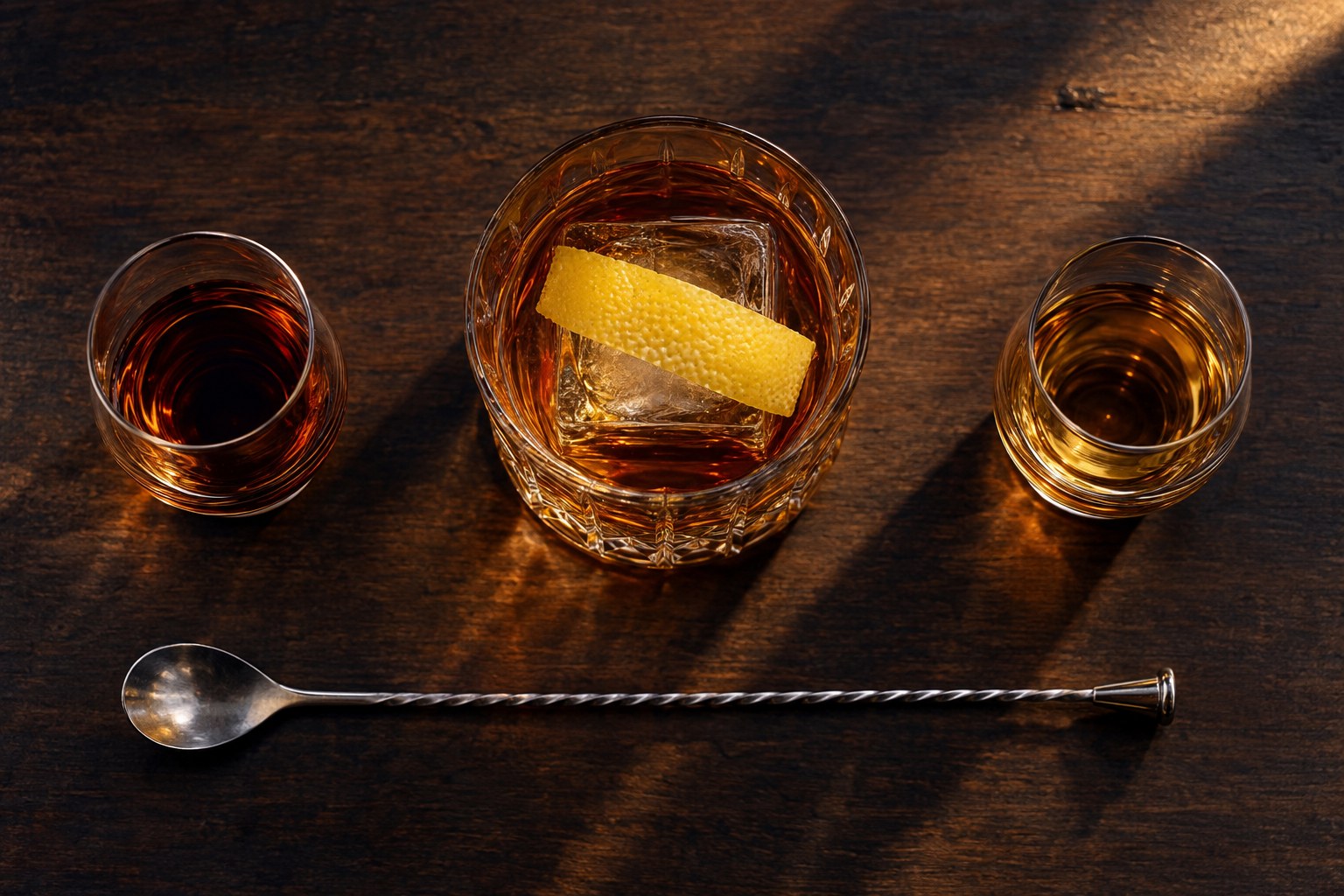 Seen from directly above on a dark walnut bar: a cut-crystal rocks glass of deep amber stirred bourbon around one large clear ice cube, a wide strip of lemon peel lying across the cube, flanked at equal distance by two small tasting glasses of neat bourbon, the left pour darker than the right, with a twisted silver bar spoon below