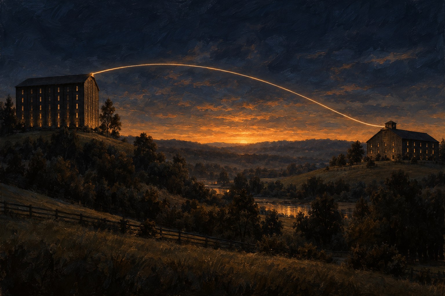 A painterly editorial illustration, clearly an artwork rather than a photograph: two different bourbon warehouses stand on two separate Kentucky hills across a valley at dusk, under one shared sky, joined by a single thin glowing copper line arcing from one roof to the other without merging them