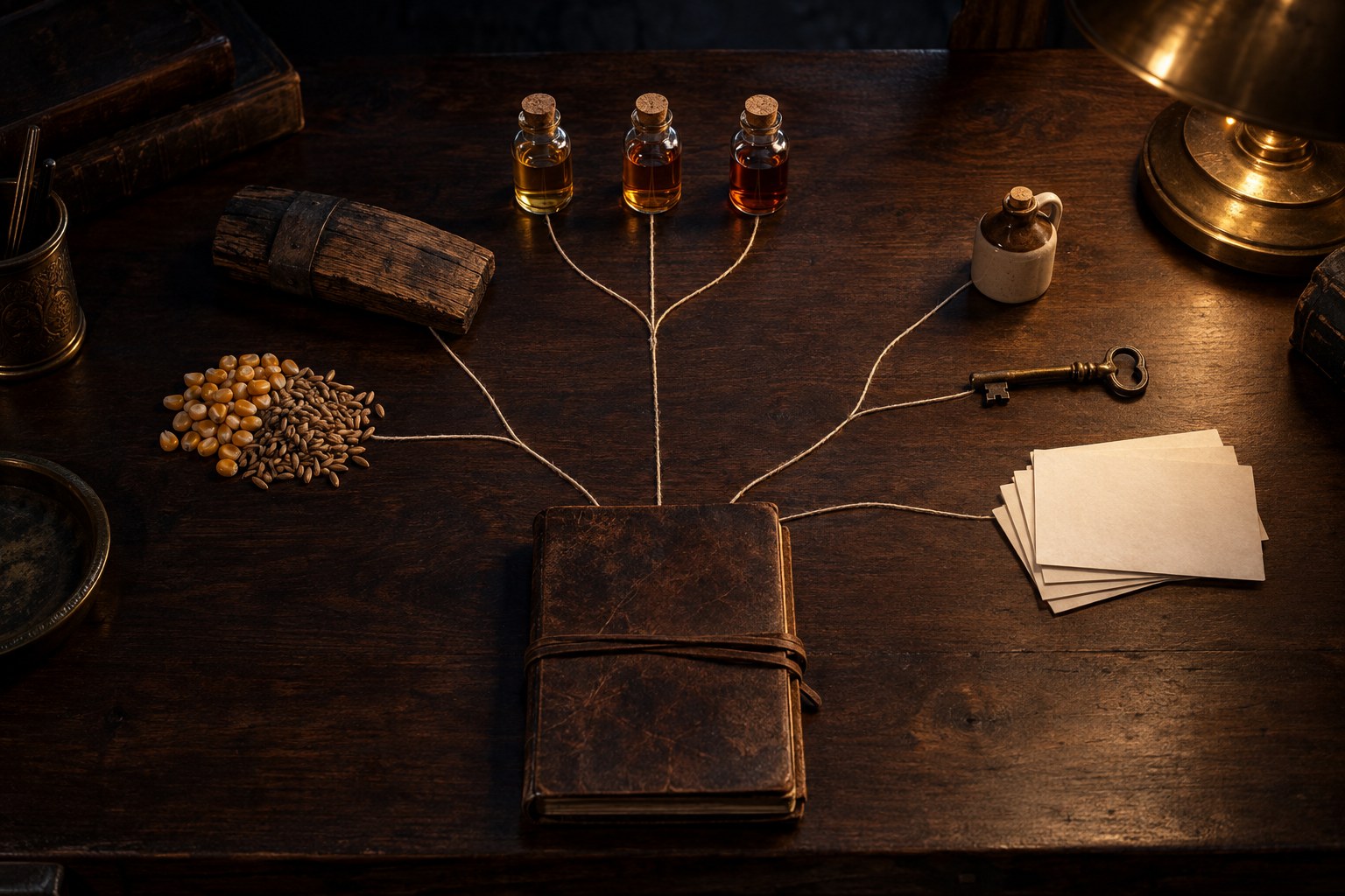 A research desk at night, seen from above: a closed, worn leather notebook sits at the root of a branching tree of pale string that runs across the dark walnut table to three sample vials of different ambers, a weathered piece of barrel stave, a pile of corn and rye, an old brass key, a tiny stoneware jug and a stack of blank index cards, lit by a single desk lamp