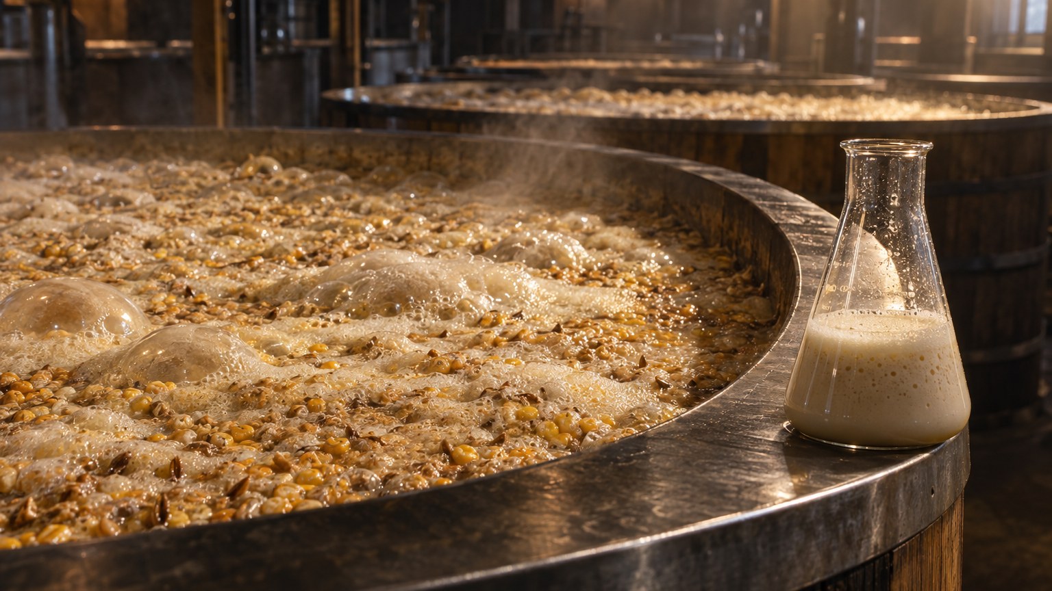 Inside a bourbon distillery's fermenting room: a large open-top wooden fermenter full of thick, bubbling grain-in mash with visible corn and husks, more open fermenters receding behind it, and a glass laboratory flask of creamy yeast starter culture standing on the fermenter's rim