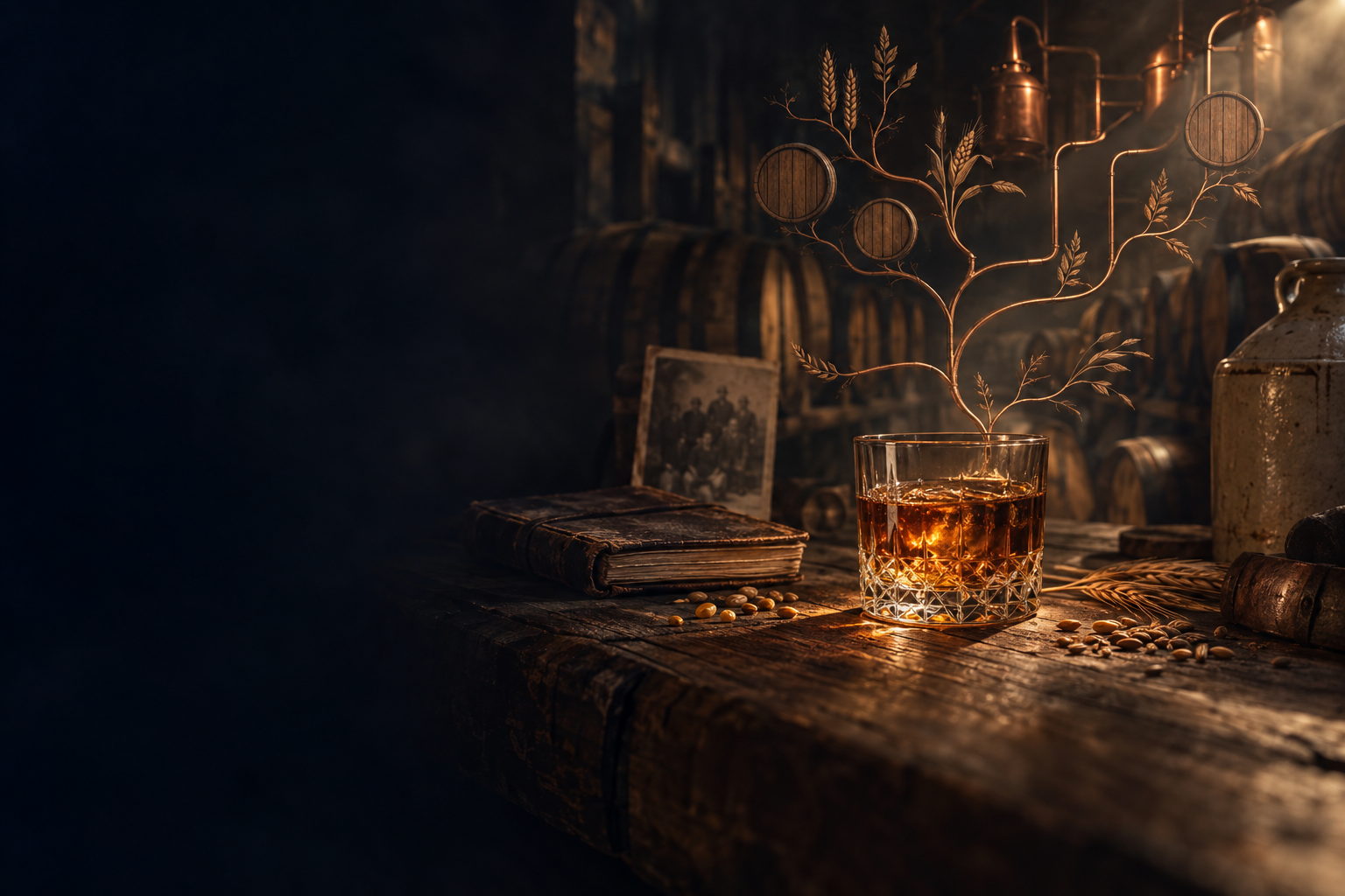 A filled rocks glass on a dark timber bench, a fine copper line branching above it like a family tree toward barrels and a still, an old photograph and ledger alongside